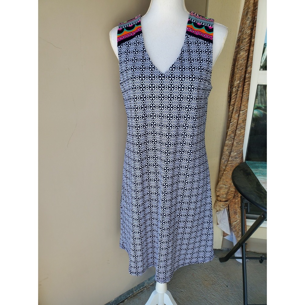 Jude Connally Juliet Shift‎ Dress Womens Medium Navy White Geometric Stretch